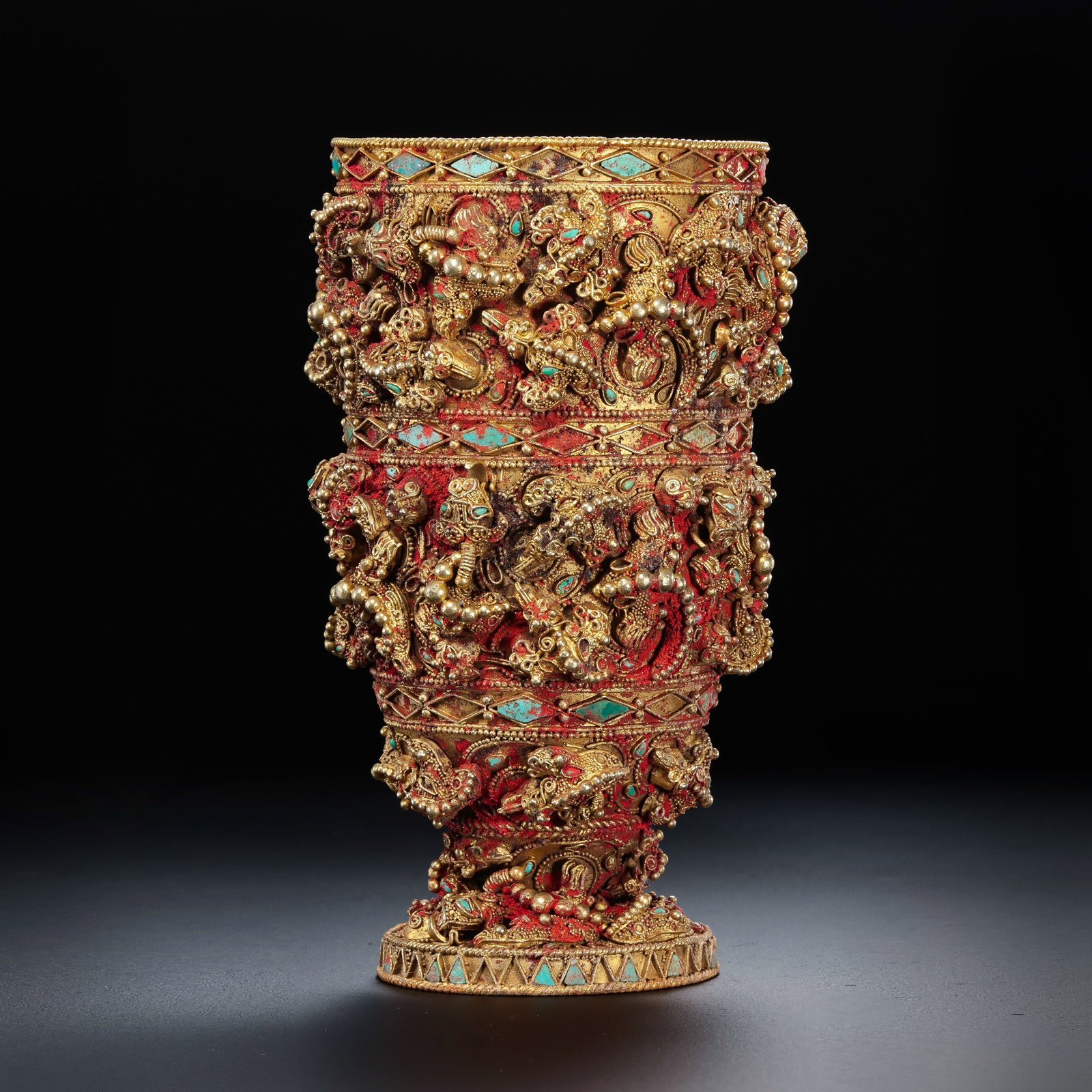Pre-Ming Dynasty Silver-Gilt Filigree Dragons Gem-Inlaid Cinnabar-Filled High-Footed Offering Cup: H. 11cm.W.6cm.weight. 314grams