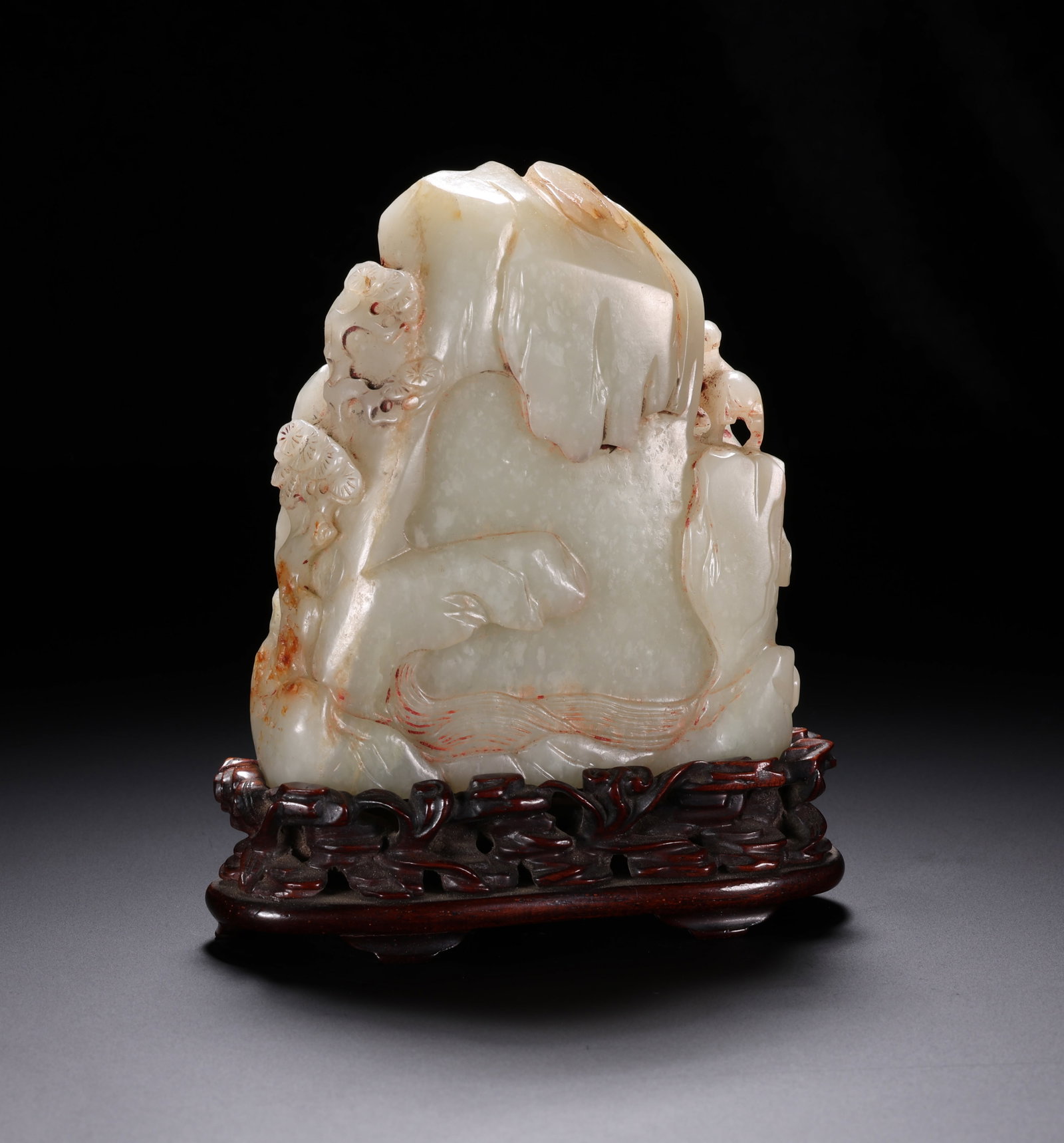 Qing Dynasty Hetian Jade Scholar, Pine, and Crane Mountain-Subject Ornament: H. 10.6cm.W.7.6cm.weight.283grams