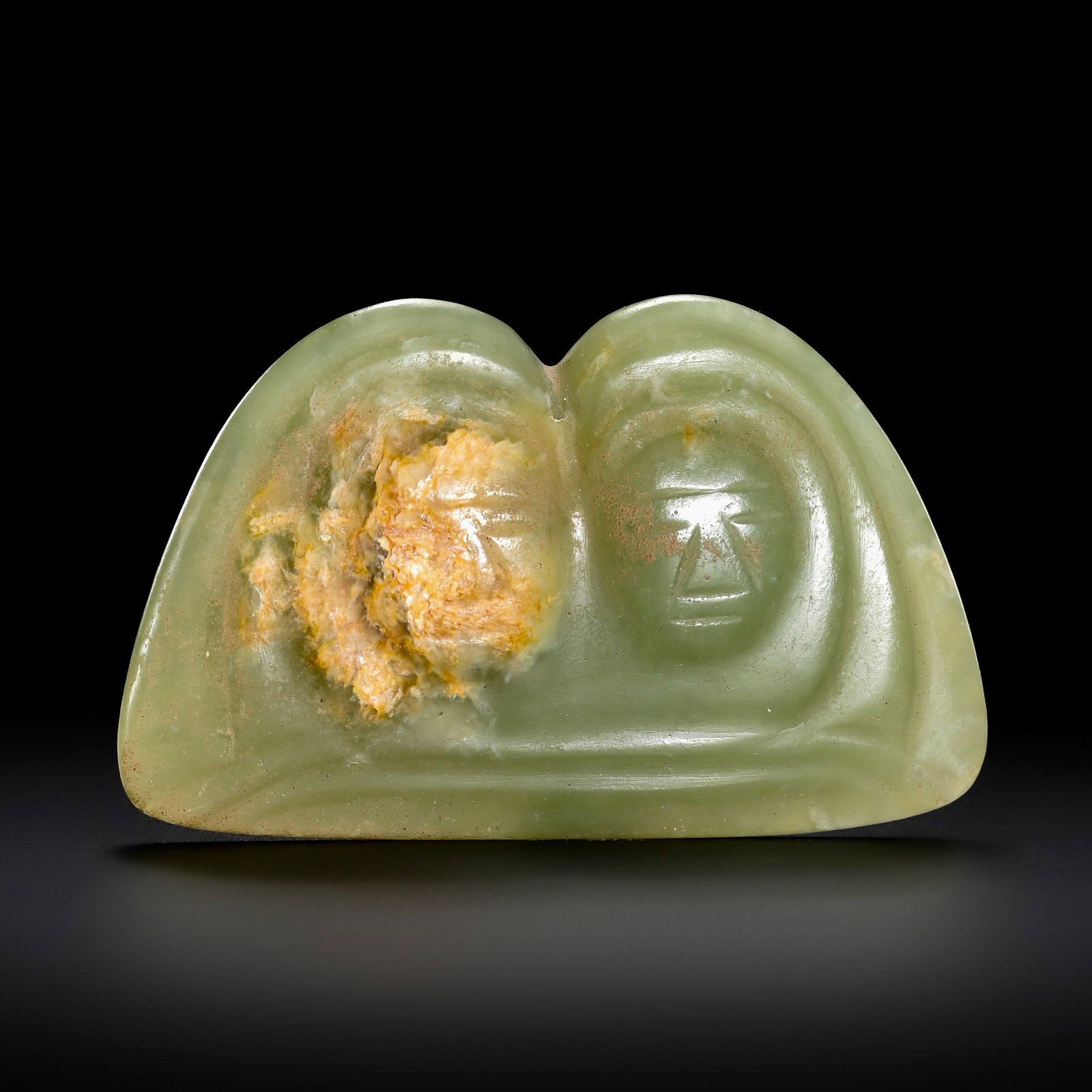 Pre-Ming Dynasty Yellow Jade Human-Face Ornament: H. 3cm.W.5.5cm.weight.24.5grams