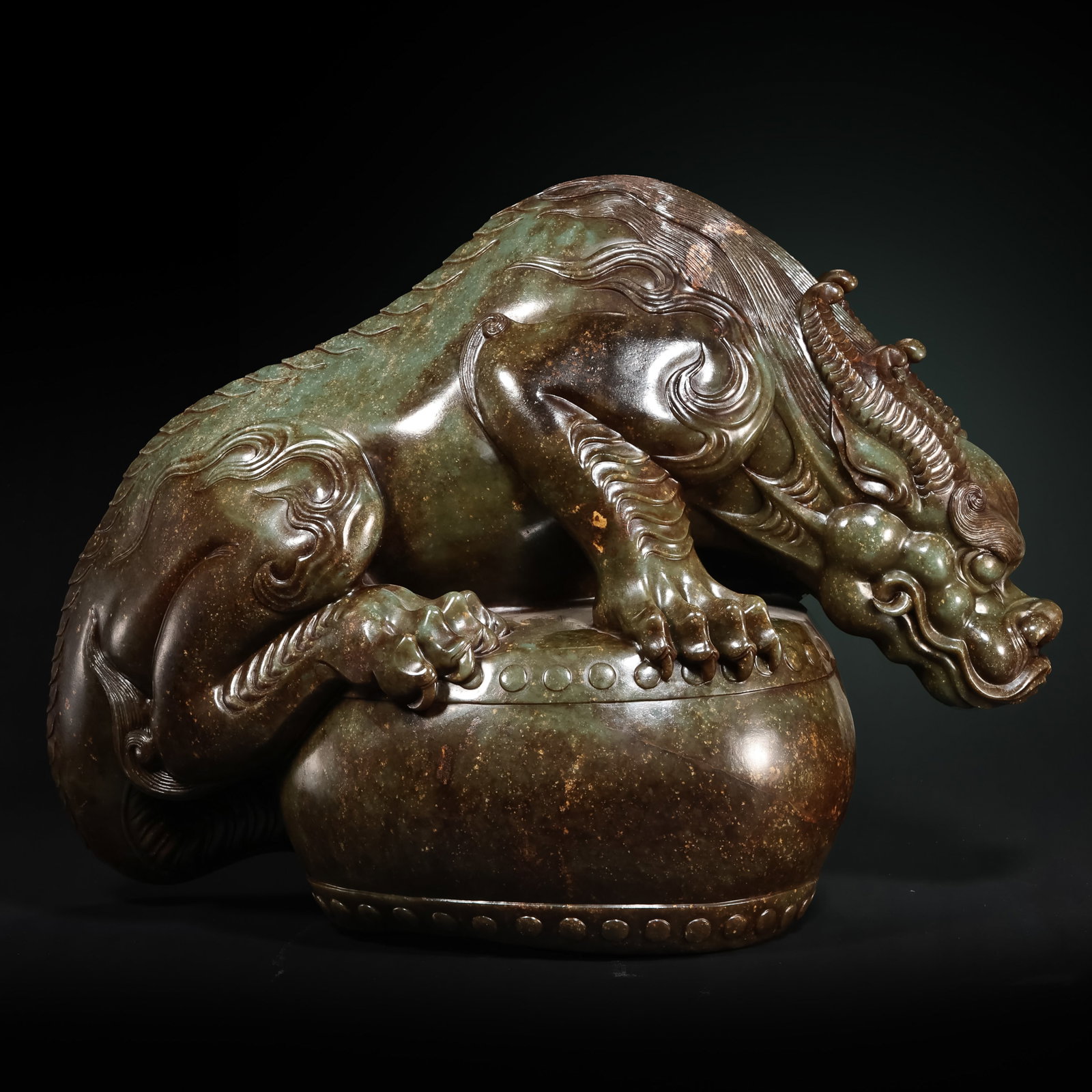 Pre-Ming Dynasty Spinach Green Jade Auspicious Beast Playing Drum Large Ornament: H. 42cm.W.55cm.