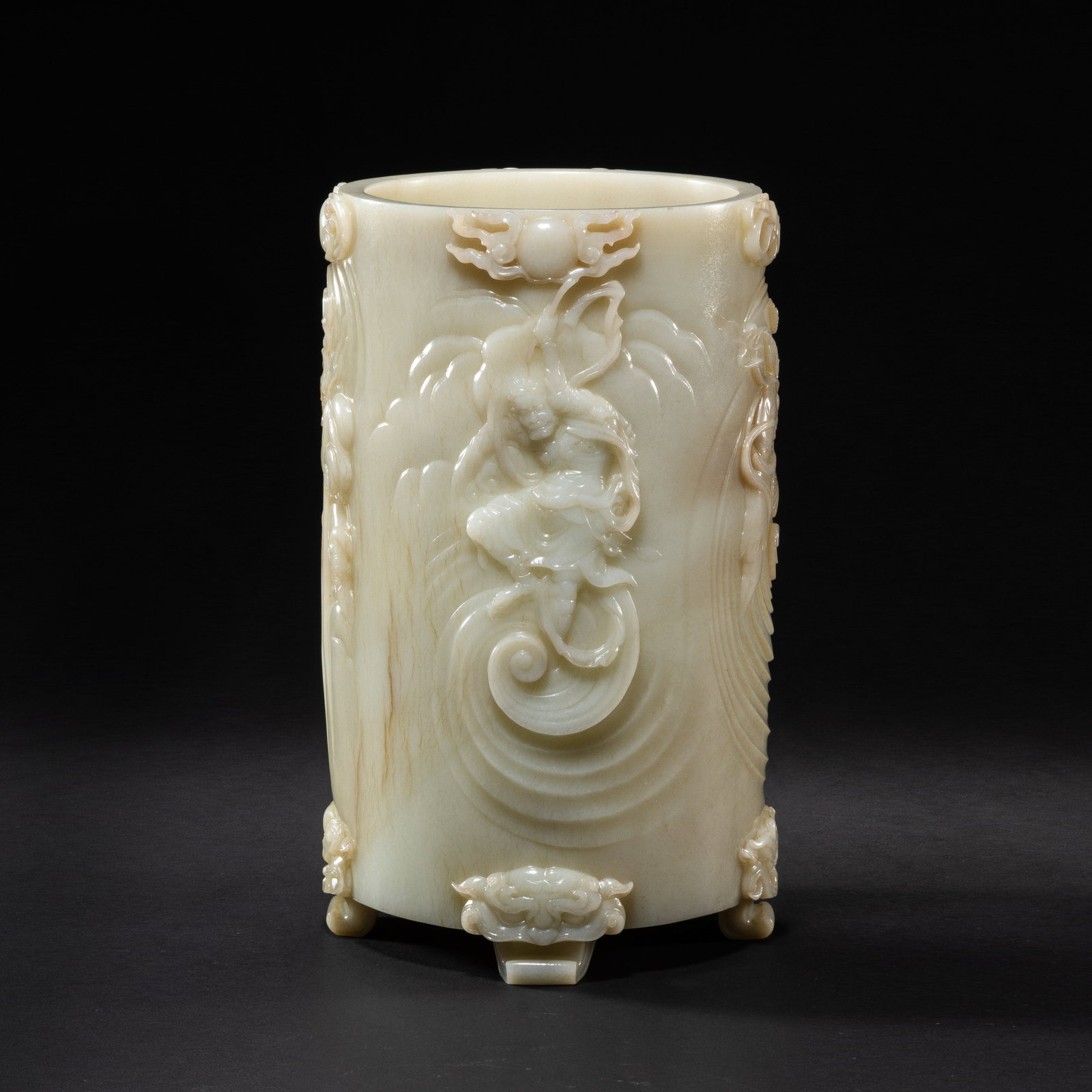 Qing Dynasty Hetian Jade Relief Guanyin Pattern Four-Legged Brush Pot: H. 28cm.W.17.5cm.weight. 4692grams