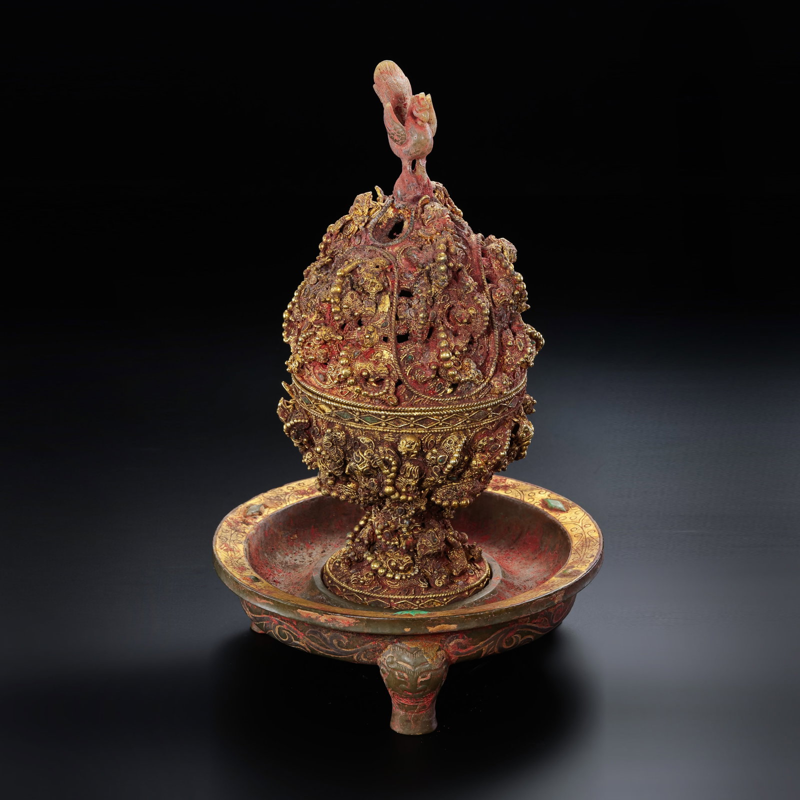 Pre-Ming Dynasty Silver-Gilt Openwork Phoenix-Finial Boshan Incense Burner: H. 18cm.W.11cm.weight.612grams