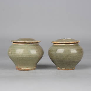 Pair of Celadon Glaze Jar with Covers: Pair of Celadon Glaze Jar with Covers Height:6.5cm,