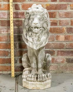 19th Century Seated Marble Lion: Circa 19th century carved marble lion in a seated pose on a plinth base with open mouth. Please note of wear consistent with age including patina and weathering. The piece measures 10"W x 11"D x 27"H.