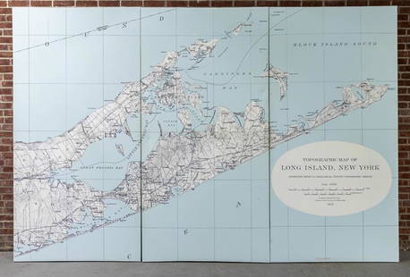 Three Panel Water Current Map of Eastern Long Island on Canvas with Frame: Over scaled Eastern Long Island water current map on three panel canvas, strengthened on frame. Please note of wear consistent with age. Each panel measures 48"W x 2"D x 96"H.