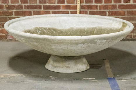 Large Garden Stone Planter on Stand by Willy Guhl: Circa mid-century large saucer shaped composition stone garden planter by Willy Guhl on stand. Please note of wear consistent with age including patina and discoloration to the stone. The piece