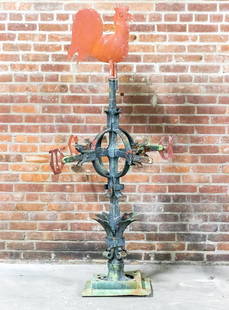 19th Century Iron and Tole Roof Weathervane: Circa 19th century architectural salvage of an iron and tole weathervane ornamented with a red painted rooster shaped finial, red painted letters of the cardinal directions, and scrolled foliage.