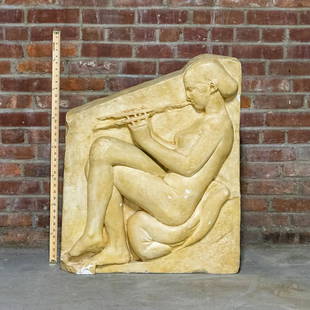 Plaster Sculpture of Seated Nude Woman Playing an Aurlos: Plaster heavy relief sculpture of seated and reclining woman in the nude playing a Greek double reeded wind instrument called an Aurlos. Please note of wear consistent with age including minor chips