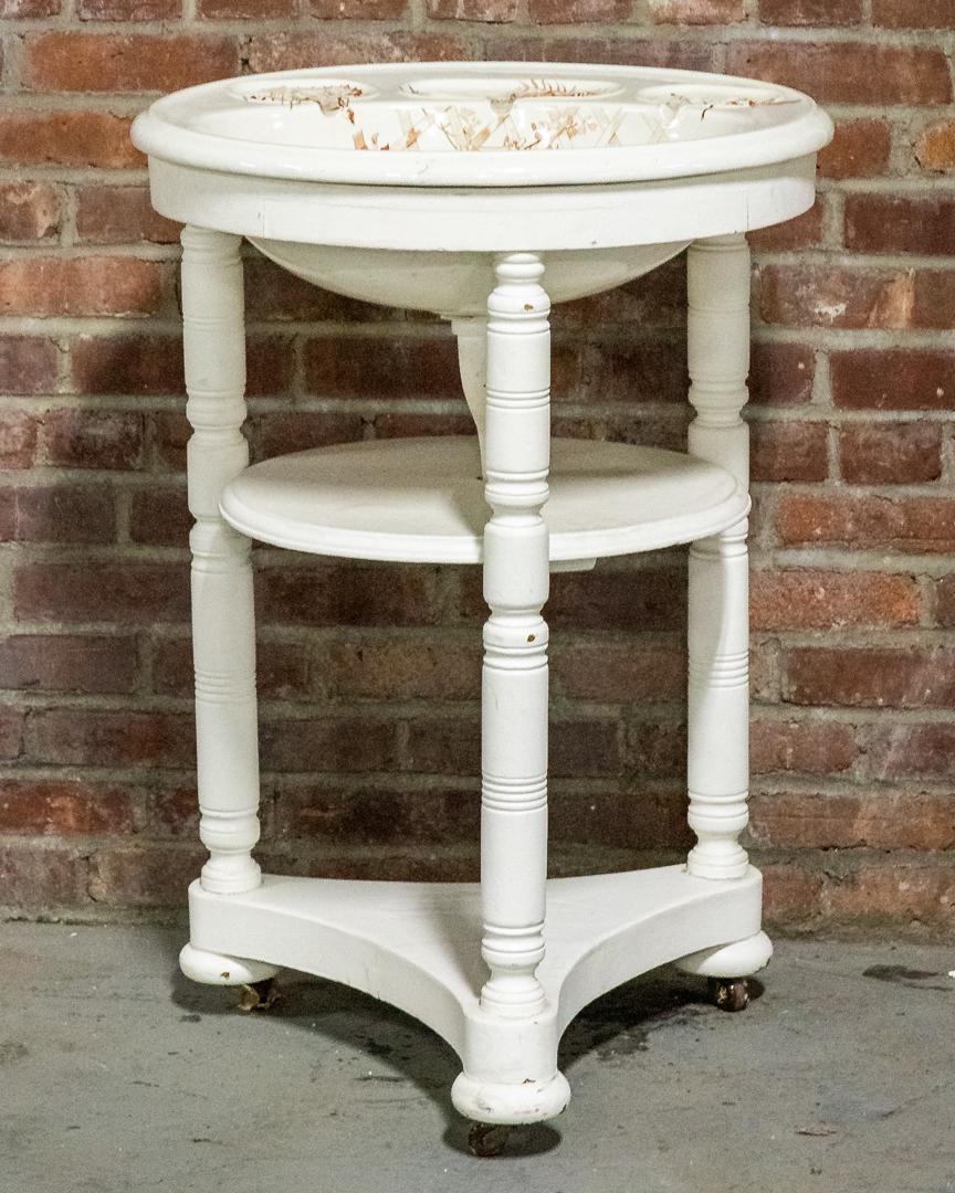 Brown and White Painted Porcelain Bowl Sink on Wooden Two Tier Wash Stand (1 of 8)