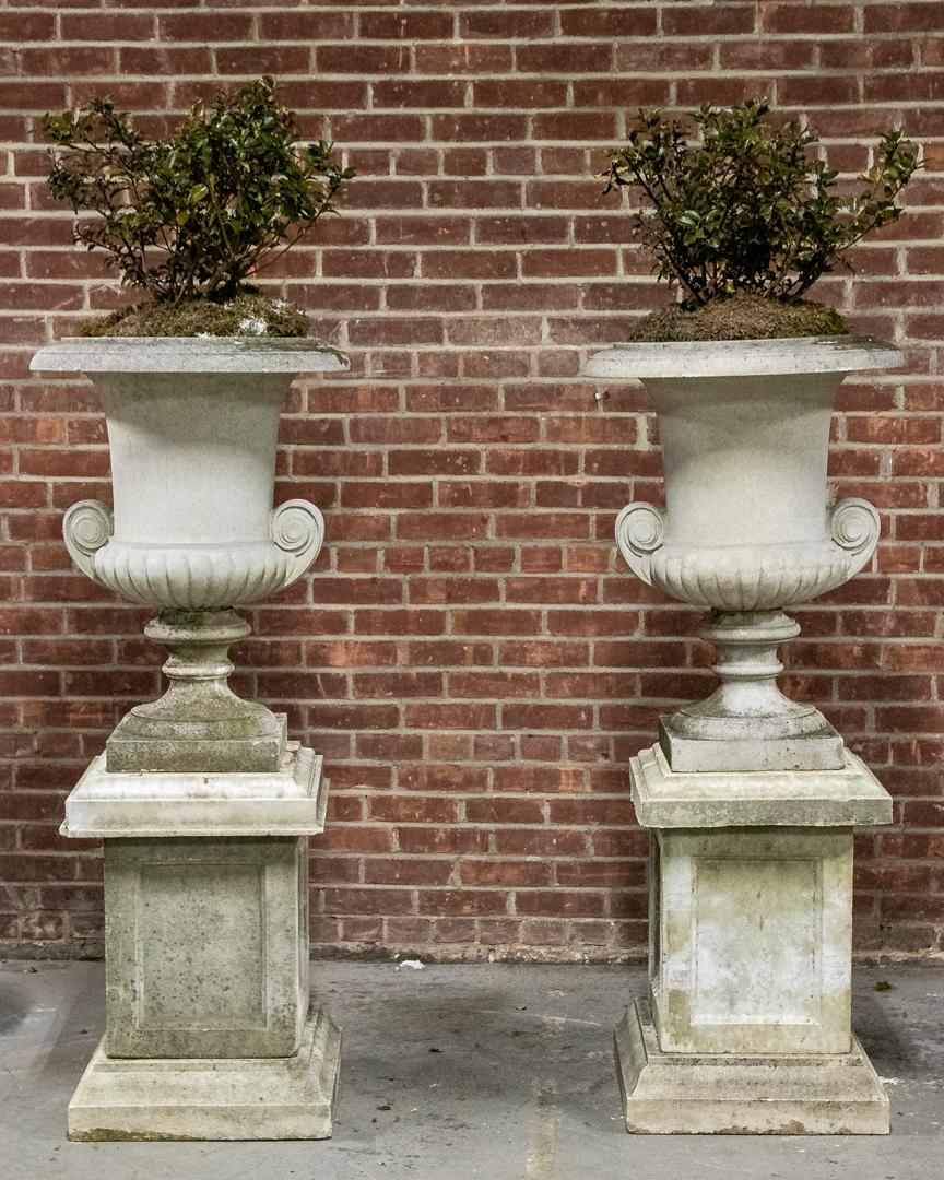 Pair of Neoclassical Cast Stone Garden Urns on Matching Plinths (1 of 9)
