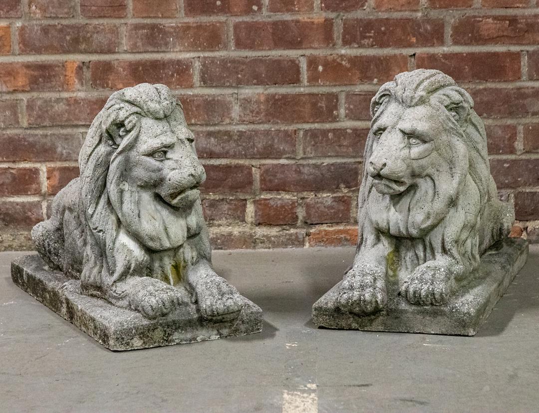 Pair of Cast Stone Reclining Lions (1 of 7)