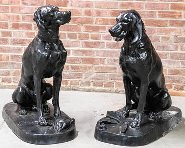 Pair of 20th Century Patinated Cast Iron Models of Seated Hunting Dogs