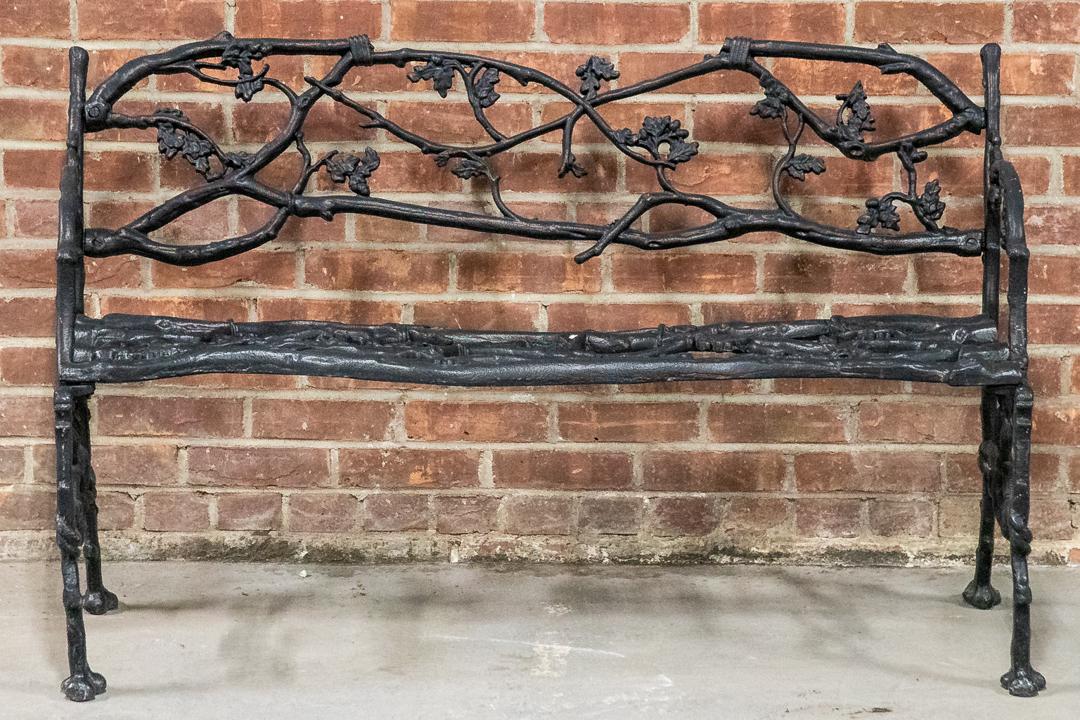 Early 20th Century Cast Iron Black Painted Faux Bois Garden Bench (1 of 8)