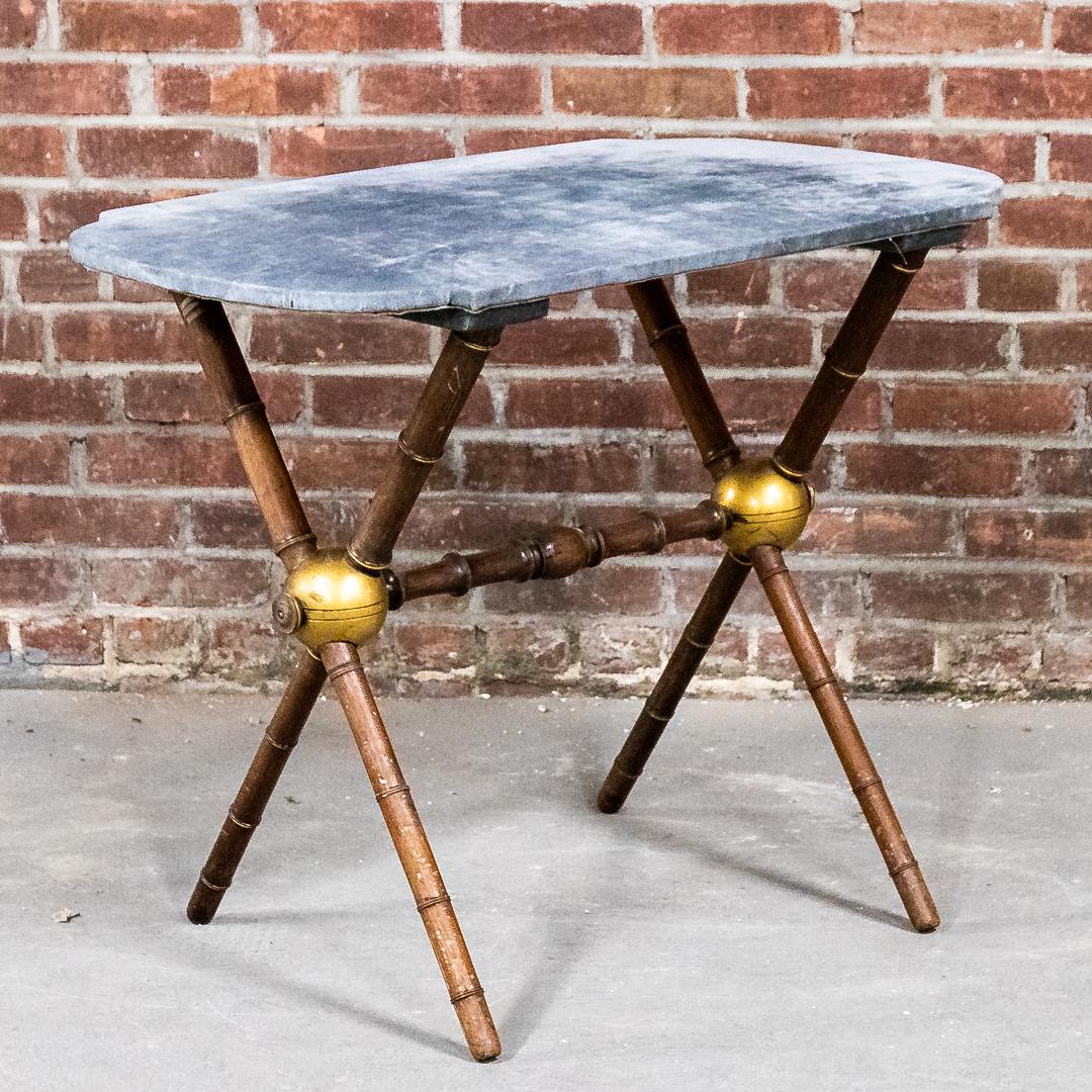 Gypsy Table with Velvet Top and X-Frame Base: Gypsy table with velvet lined rounded tabletop and x-frame base with bottom cross stretcher and faux bamboo wood. Please note of wear consistent with age including patina and finish loss to the wood. 