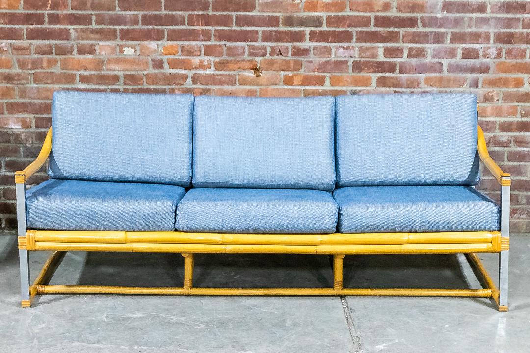 Upholstered Bamboo and Chrome Sofa in the Manner of Milo Baughman (1 of 6)