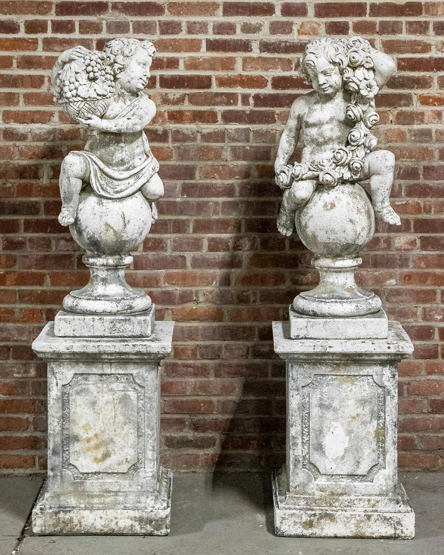 Pair of Cast Stone French Putti Statues on Pedestal (1 of 12)