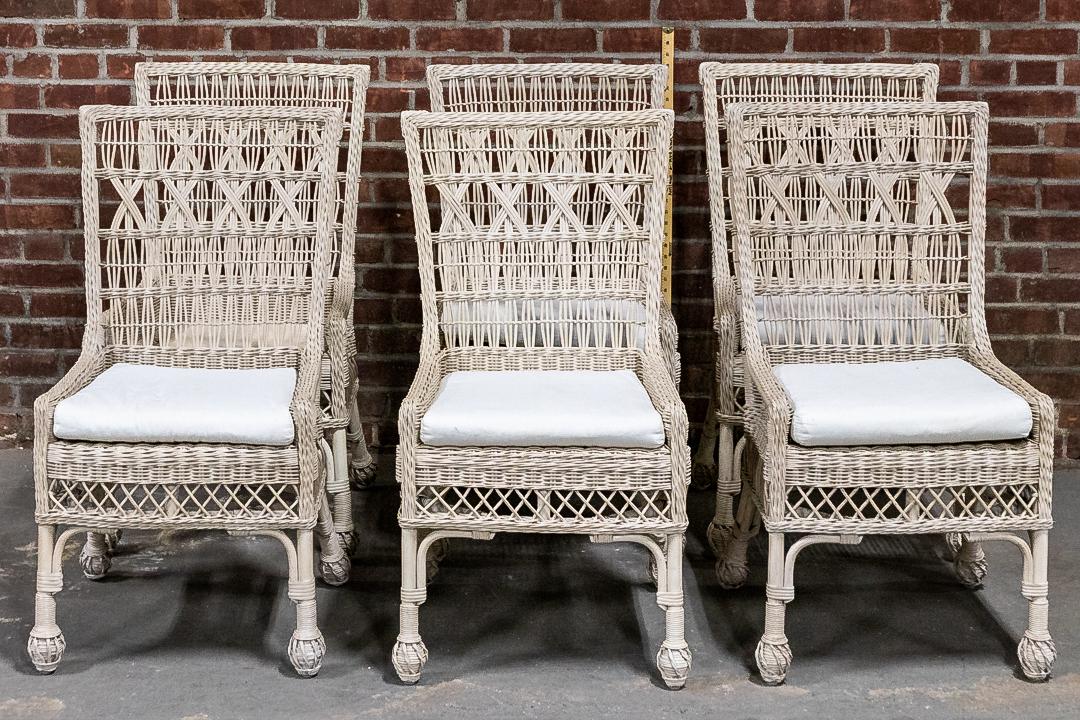 Set of Six White Woven Latticework Wicker Chairs with Upholstered Cushions (1 of 7)