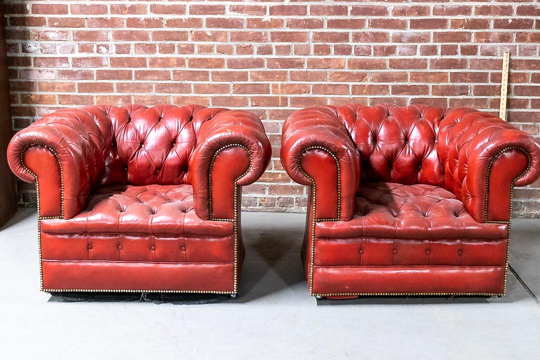 Tufted Red Leather Chesterfield Armchairs (1 of 7)