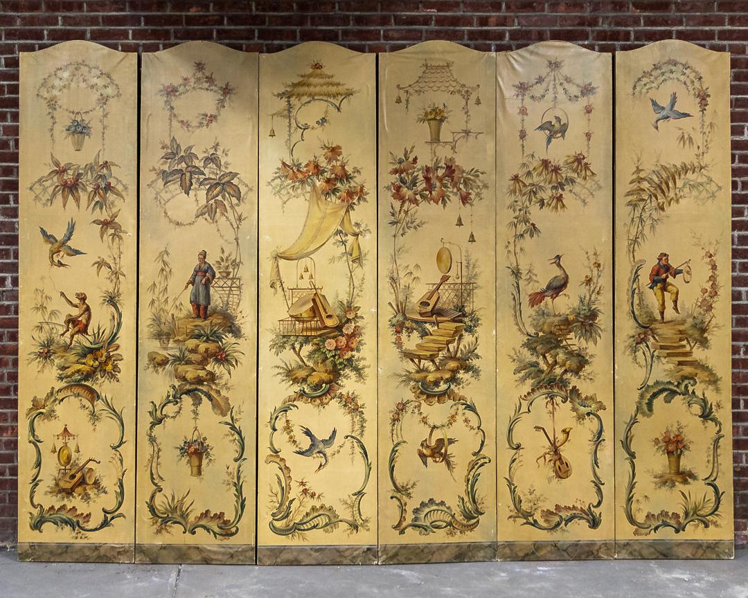 Set of Canvas Lined Panel Screens in the Chinoiserie Style with Bird, Musical Instrument, and Floral (1 of 14)