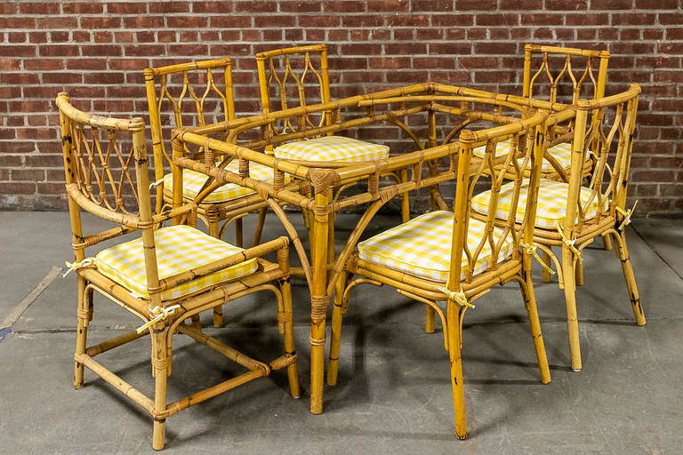 Set of Bamboo Dining Table and Chairs with Yellow Upholstered Cushions