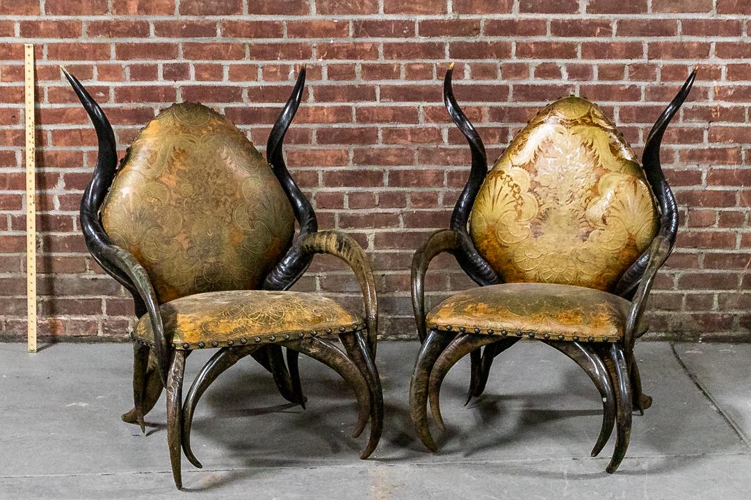 Pair of African Kudu Horn Chairs with Florentine Leather Upholstery (1 of 8)