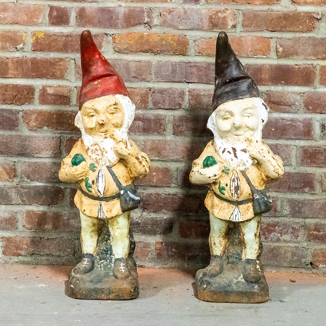 Pair of Painted Cast Iron Garden Gnomes with Red and Black Hats (1 of 9)
