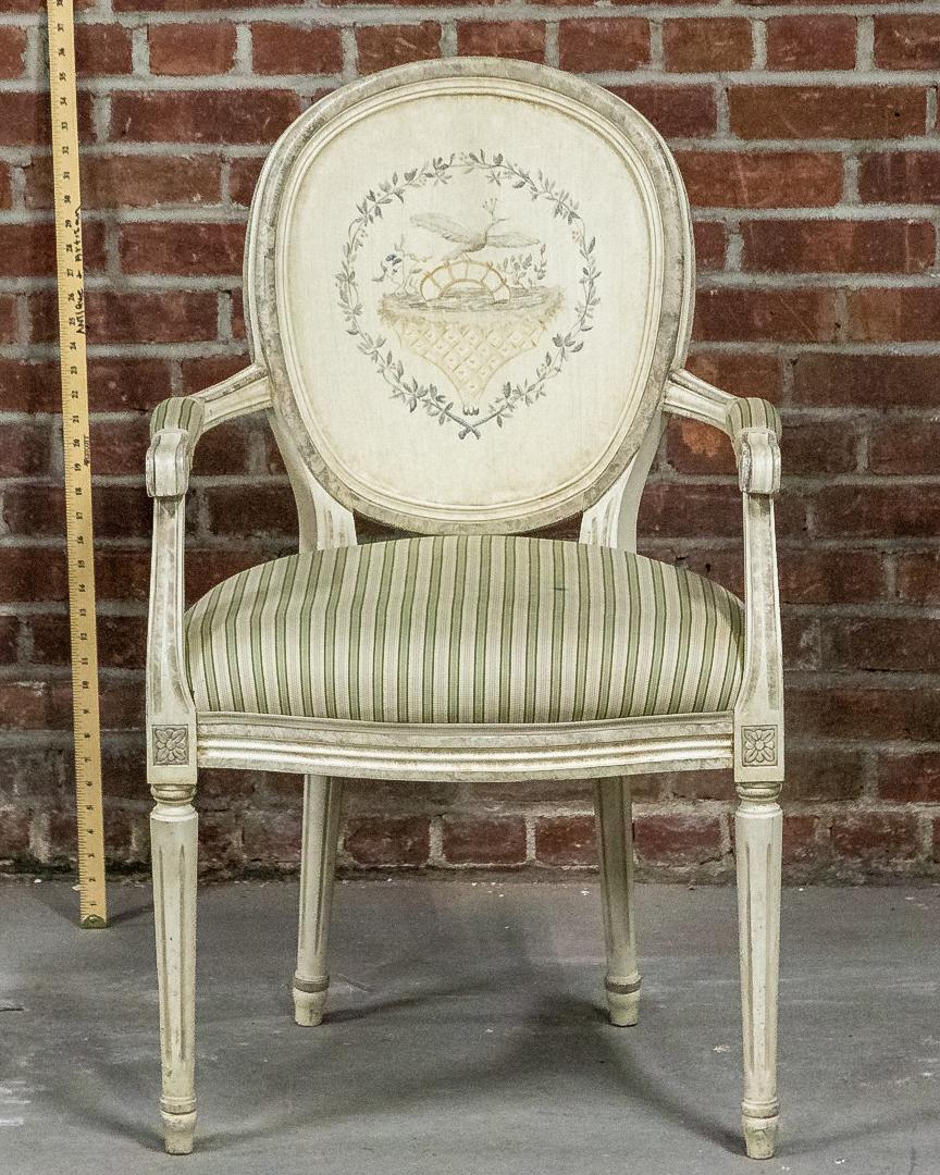 Upholstered Louis XVI Style Open Armchair with White Peacock Motif (1 of 8)