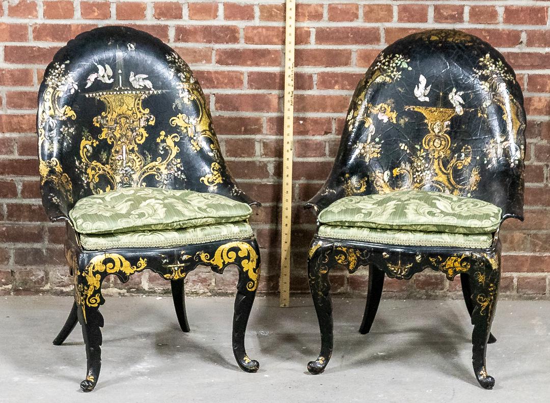 Pair of 19th Century Chinoiserie Style Papier Mache Side Chairs with Upholstered Cushions and (1 of 12)