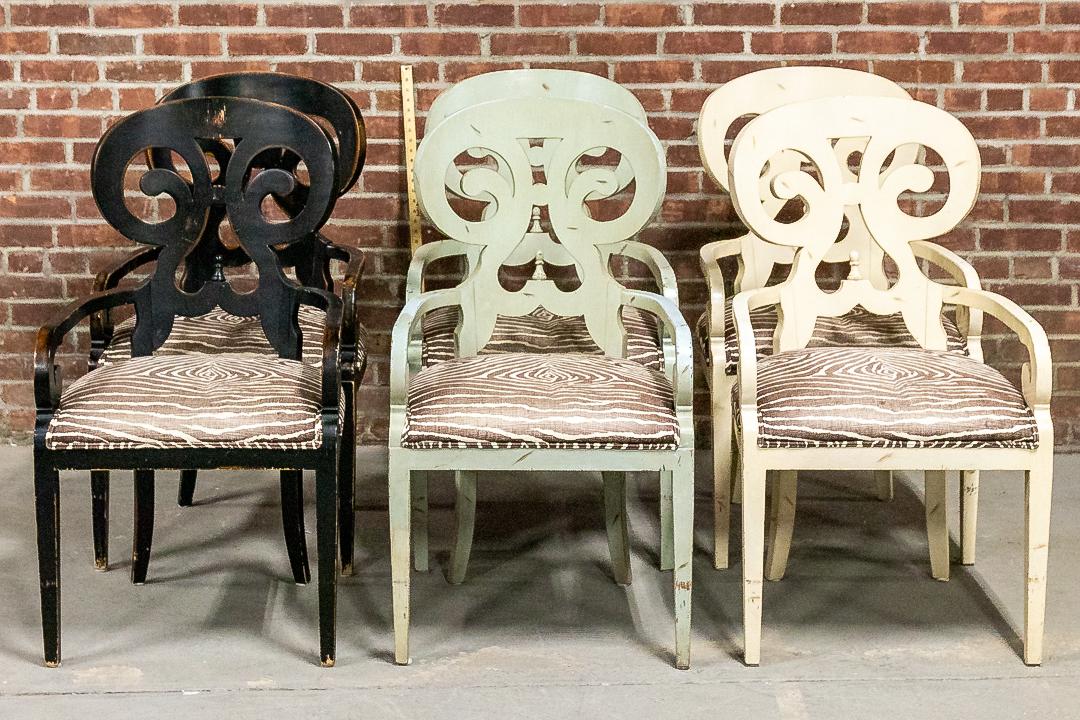 Set of Six White Black and Green Scroll Back Open Armchairs with Upholstered Faux Zebra Print Seats (1 of 9)