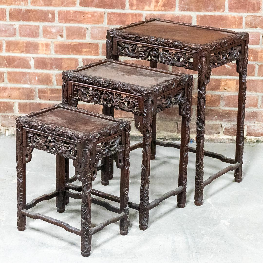 19th Century Set of Three Carved Chinese Hardwood Nesting Tables (1 of 6)