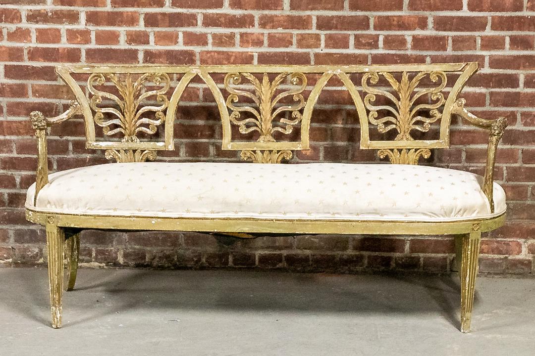 Italian White Upholstered Settee with Carved Palmette Seat Back (1 of 8)