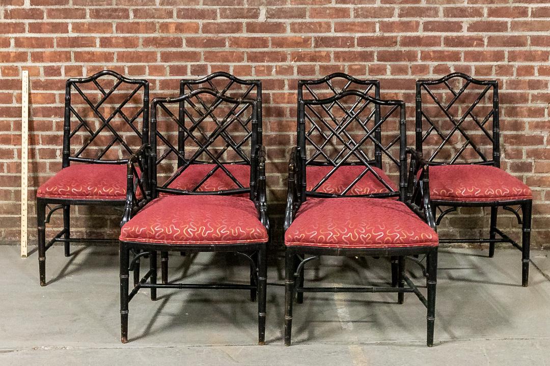 Set of Six Faux Bamboo Black Painted Chinese Chippendale Dining Chairs with Upholstered Seats (1 of 11)