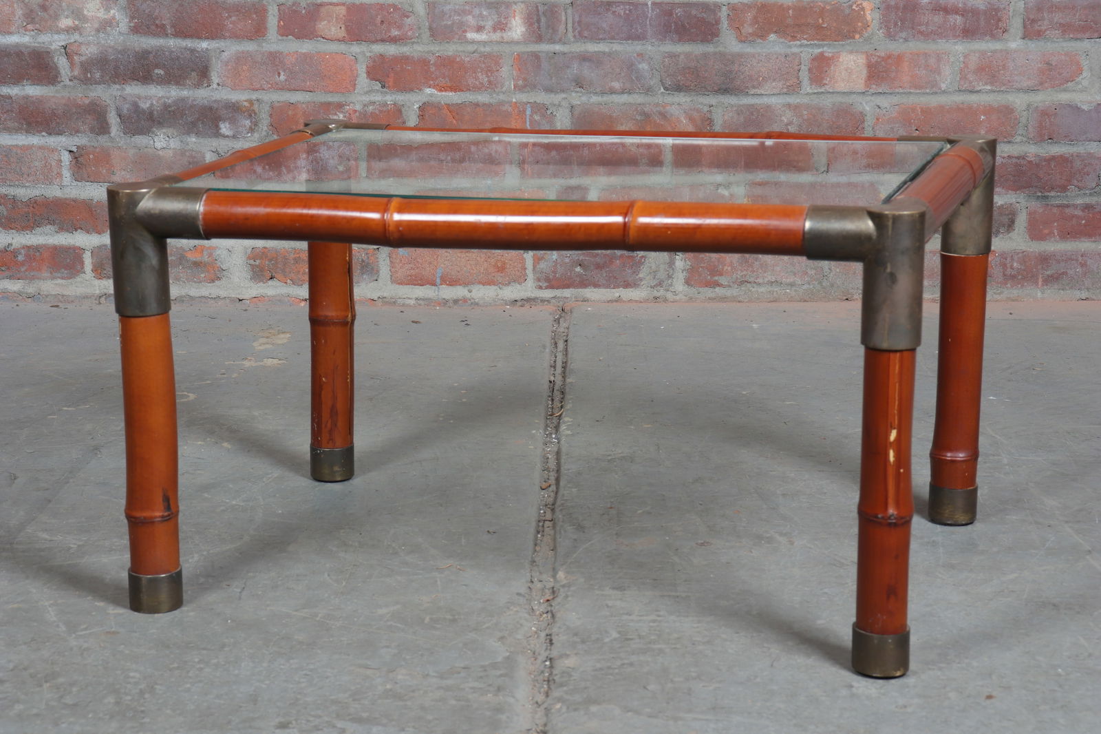 Willy Rizzo Brass Banded Side table with Glass Top: Willy Rizzo brass banded side table with glass top and bamboo body.