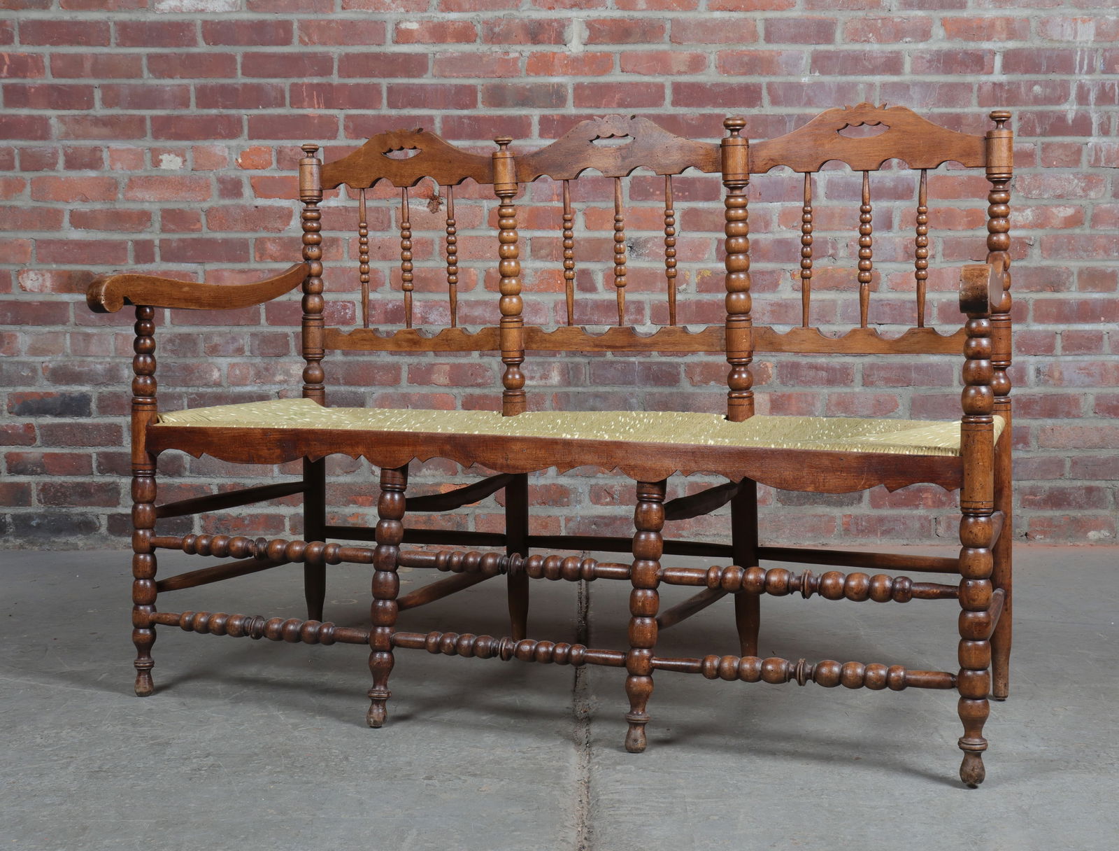 19th Century French Turned Leg Rush Seat Bench (1 of 11)