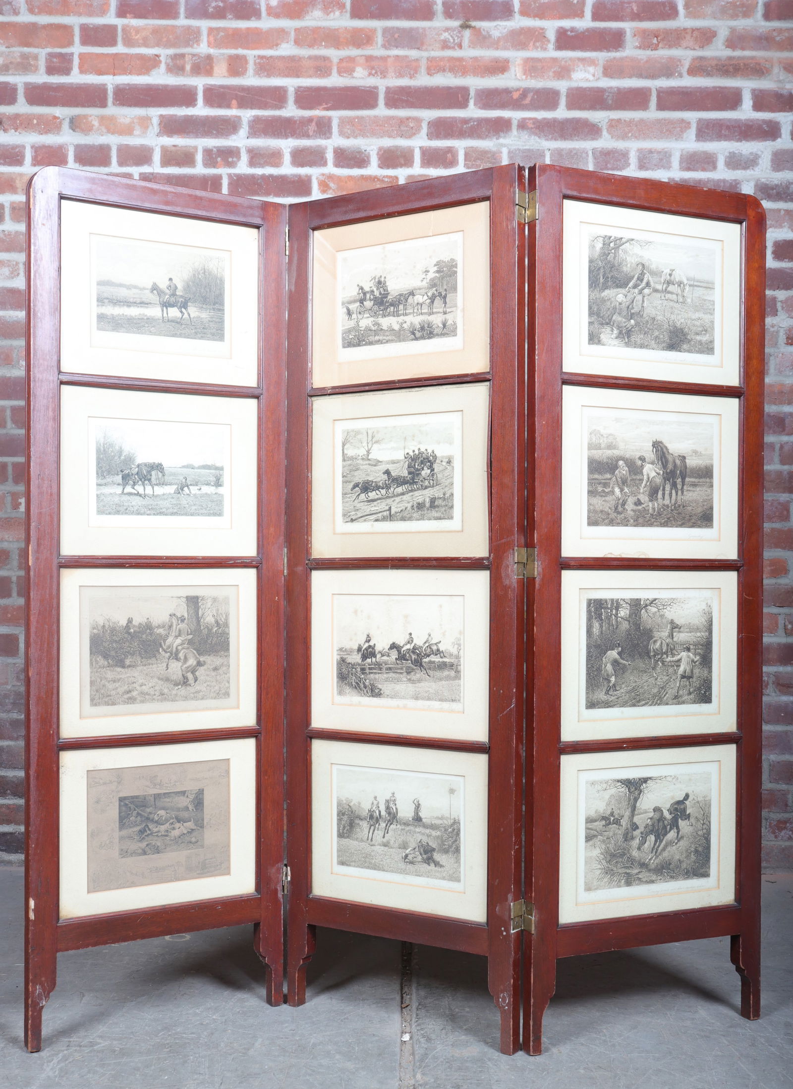 Three Panel Room Divider Featuring English Hunting Scene Etchings (1 of 12)