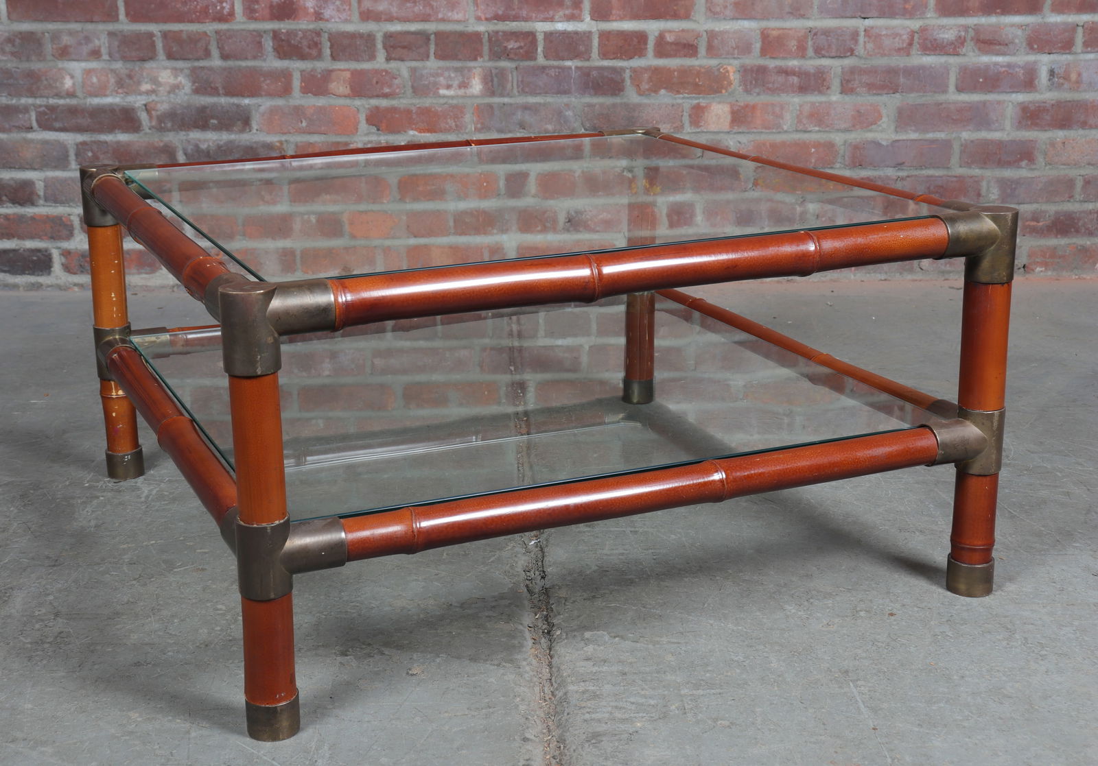 Willy Rizzo Brass Banded Two Tier Square Coffee Table with Glass (1 of 9)