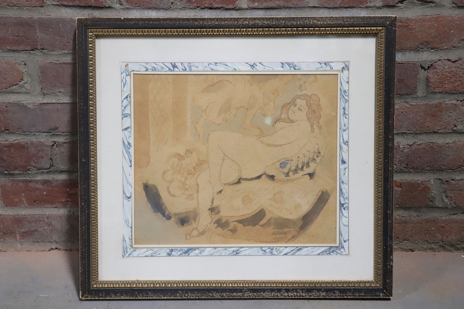 Reclining Nude, Francisco Bores (Spanish, b. 1898) Gouache and Pencil on Paper: Reclining nude woman by Spanish artist Francisco Bores (Spanish, 1898 - 1972). Gouache and pencil on paper. Signed lower right and dated 1955. Marble mating in beveled frame. Sight 12 1/2" x 10 1/2" f