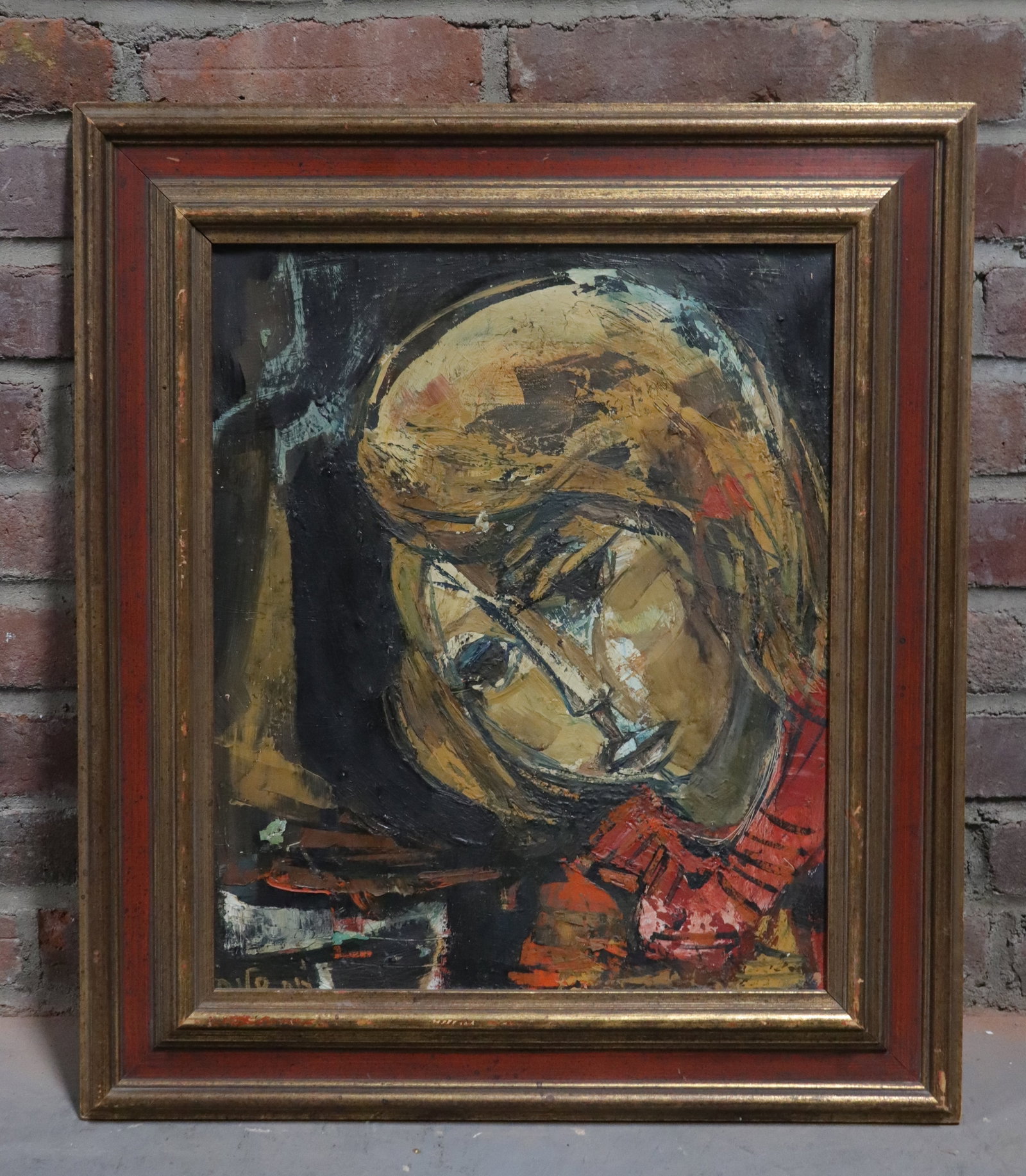 Mid Century Oil on Canvas: Mid century oil on canvas painting of a woman in cubist form. Signed illegibly lower left. Sight 14" x 17" framed 21" x 24"