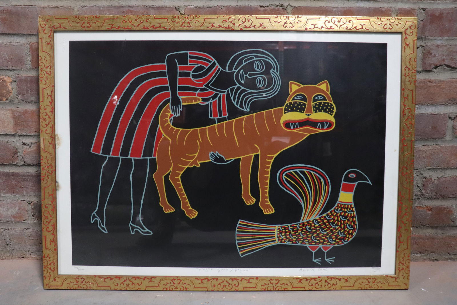 "Cat and Bird Woman", 2000, Alicia Leal (Cuban b. 1958), Signed and Numbered Lithograph: Abstract scene of a woman holding a cat with a bird. Titled "Mujer Gato y Pijaro" or "Cat and Bird Woman". Reminiscent of Henri Rousseau's 1897 "The Sleeping Gypsy". Numbered lower left, titled center