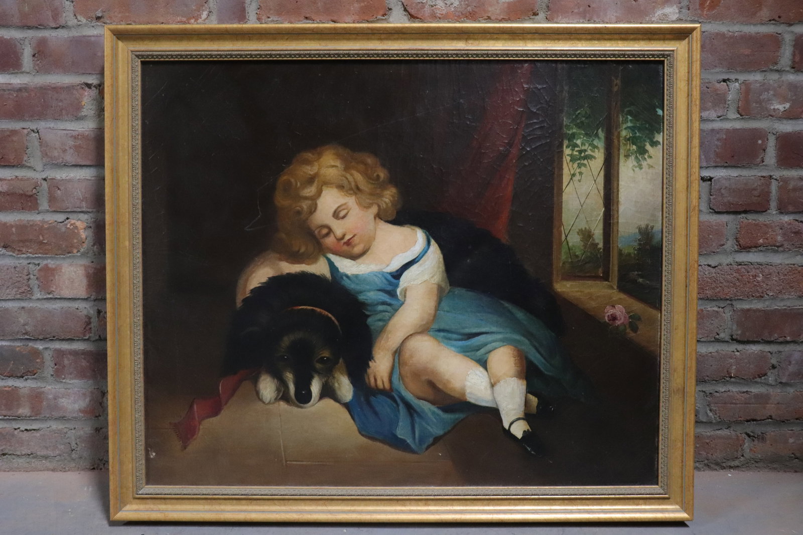 "Girl with Dog", Oil on Canvas, Style of American School: Scene of a girl with a bucolic view out of an open window. Oil on canvas. Stretcher bars show some age and craquelure throughout. Age undetermined. Style of American School, 19th century. Gilt frame.