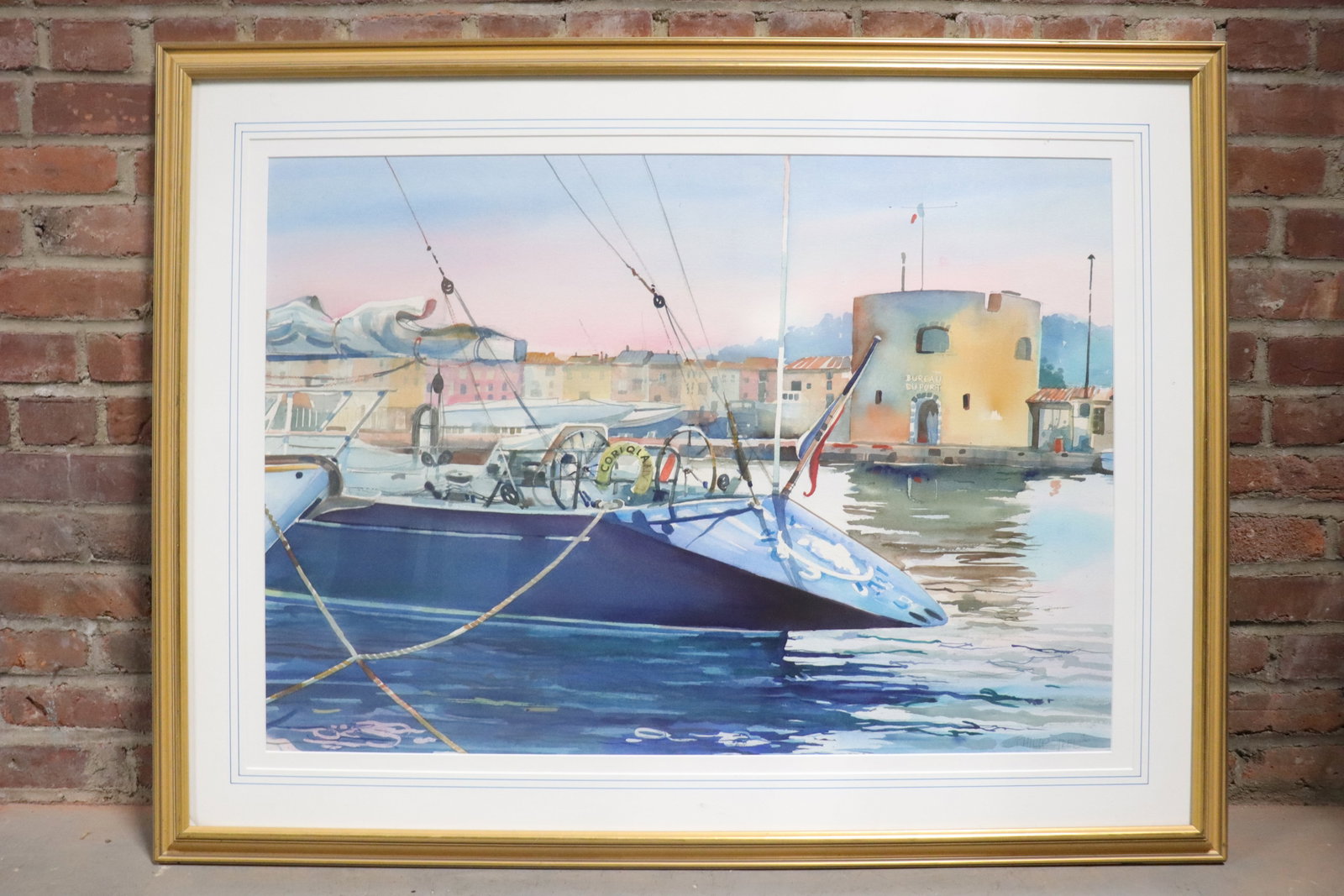 "Boat in Port", 1996, Philip Steel (American), Watercolor and Pencil on Paper: Watercolor and pencil on paper scene of a sailboat at a port in a Caribbean French colony. Signed lower Right PHILIP STEEL and dated 1996.