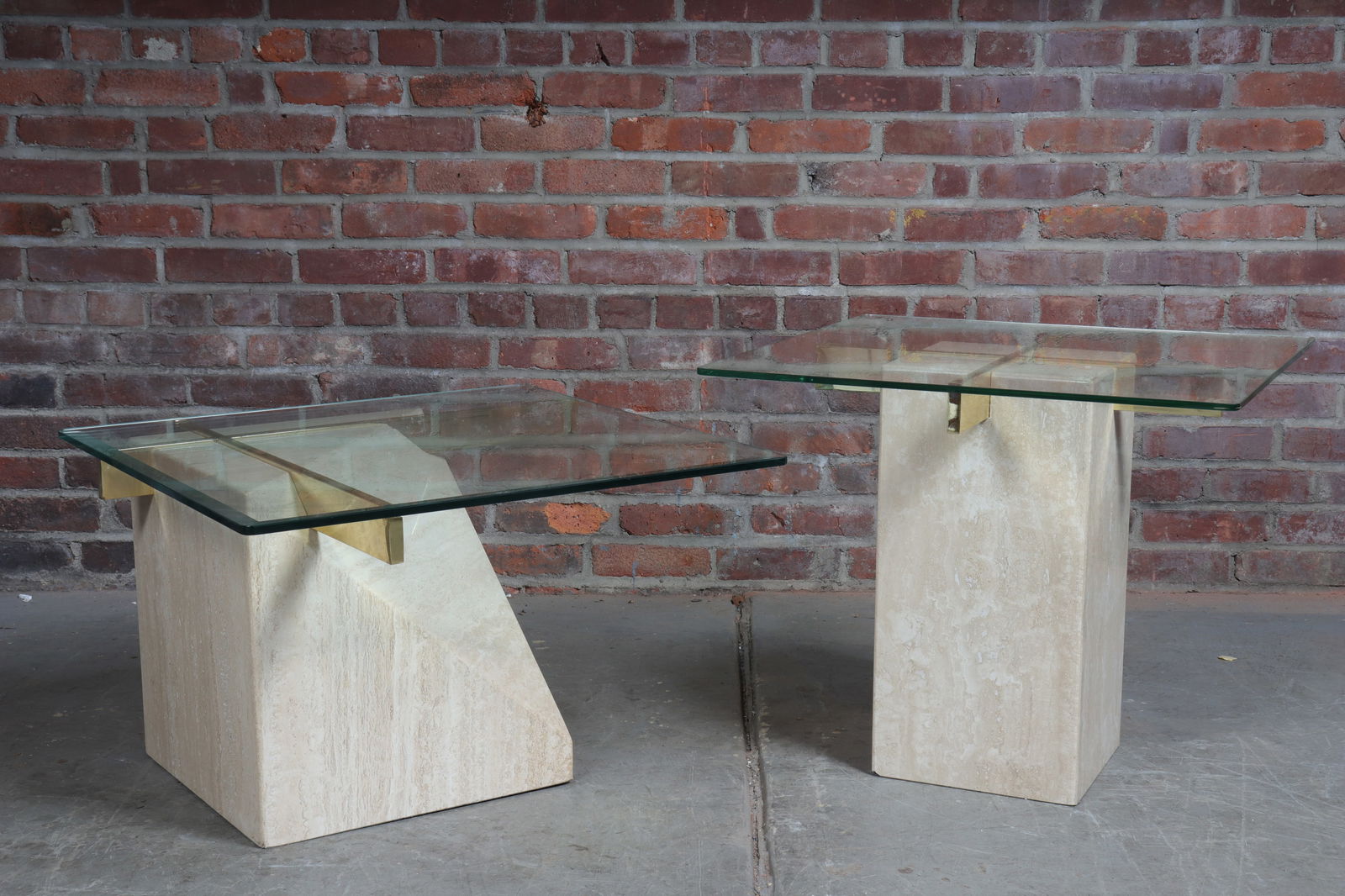 Pair of Modern Brass and Glass Travertine Side Tables (1 of 8)