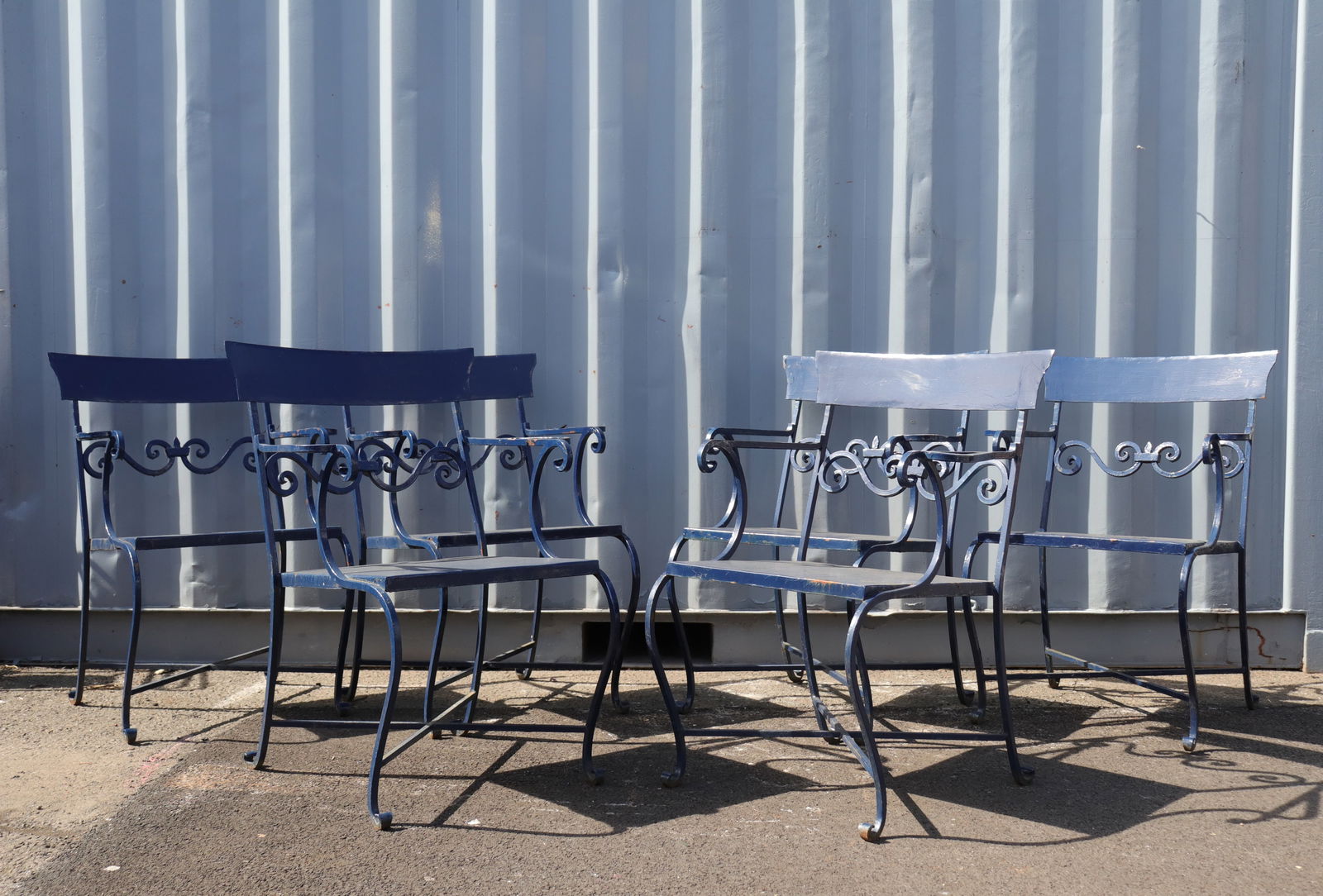 Set of Six Blue Enameled Metal Klismos Style Armchairs (1 of 15)