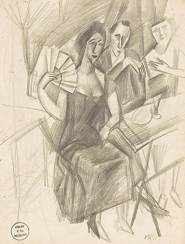 VERA ROCKLINE (Moscow 1896 - 1934 Paris): VERA ROCKLINE (Moscow 1896 - 1934 Paris) In the cafe charcoal and pencil/paper, 35.8 x 26.6 cm monogrammed VR, stamped Atelier Vera Rockline, verso further drawing provenance: Aguttes, Paris 200