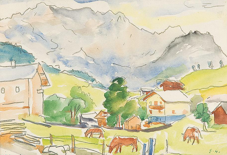 ERNST HUBER* (Vienna 1895 - 1960 Vienna): ERNST HUBER* (Vienna 1895 - 1960 Vienna) Dienten on the Hochkönig watercolor/paper, 20 x 29.5 cm monogrammed E.H, inscribed Dienten provenance: private collection Vienna