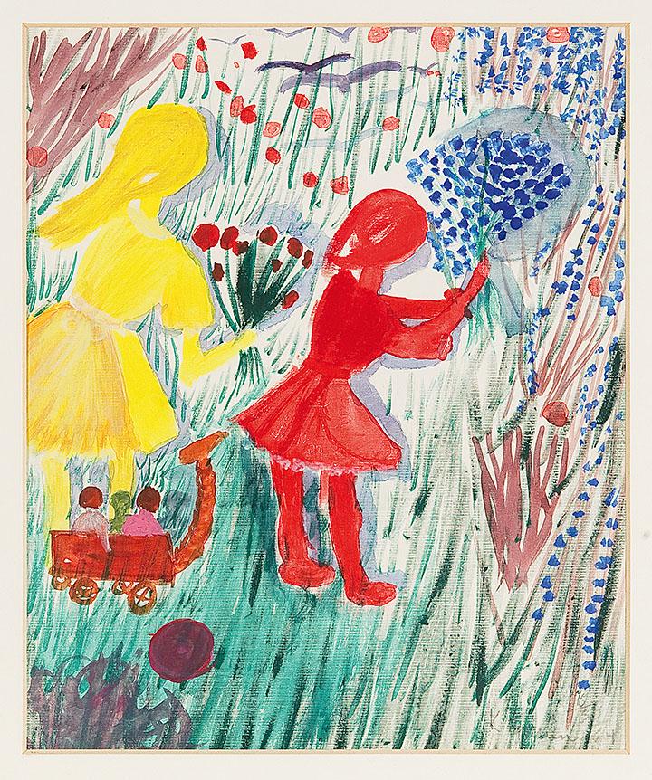 ALFRED KLINKAN* (Judenburg 1950 - 1994 Vienna): ALFRED KLINKAN* (Judenburg 1950 - 1994 Vienna) Children on flower meadow, 1964 oil/canvas/cardboard, 35 x 29 cm signed Klinkan, dates 64 provenance: private collection Lower Austria