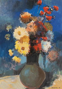 STEFAN PRASCHL* (Vienna 1910 - 1994 Vienna): STEFAN PRASCHL* (Vienna 1910 - 1994 Vienna)Flowers in a vasegouache/paper, 67 x 47,4 cmsigned and monogrammed Praschl SPESTIMATE € 600 - 1000STARTING PRICE € 600The Austrian painter Stefan