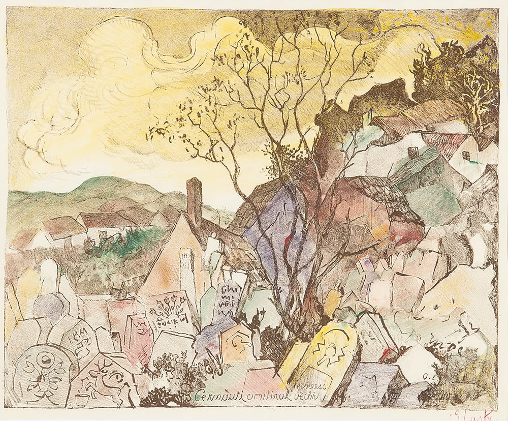 OSKAR LASKE (Czernowitz 1874 - 1951 Vienna): OSKAR LASKE (Czernowitz 1874 - 1951 Vienna)Old Jewish cemeterylithograph and watercolor/paper 35,6 x 44 cmsigned O. Laskein the print, monogrammed O. L. and entitled Cernauti cimitirul evreesc vec