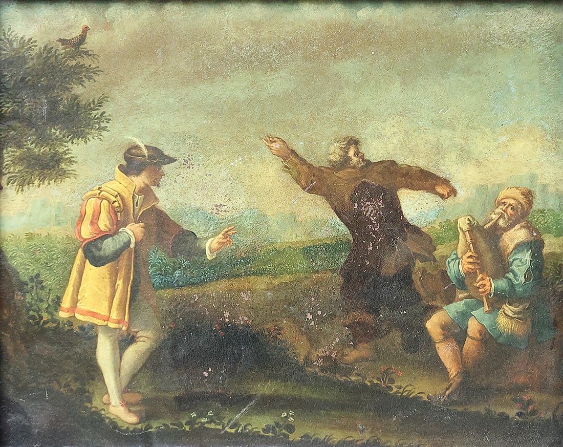 HANS SEBALD BEHAM FOLLOWER ( Nuremberg 1500 - 1550 Frankfurt am Main ): HANS SEBALD BEHAM FOLLOWER ( Nuremberg 1500 - 1550 Frankfurt am Main )Bagpipe player with Dancersoil/copper plate 18,2 x 23 cmSCHÄTZPREIS / ESTIMATE € 50 - 100STAR