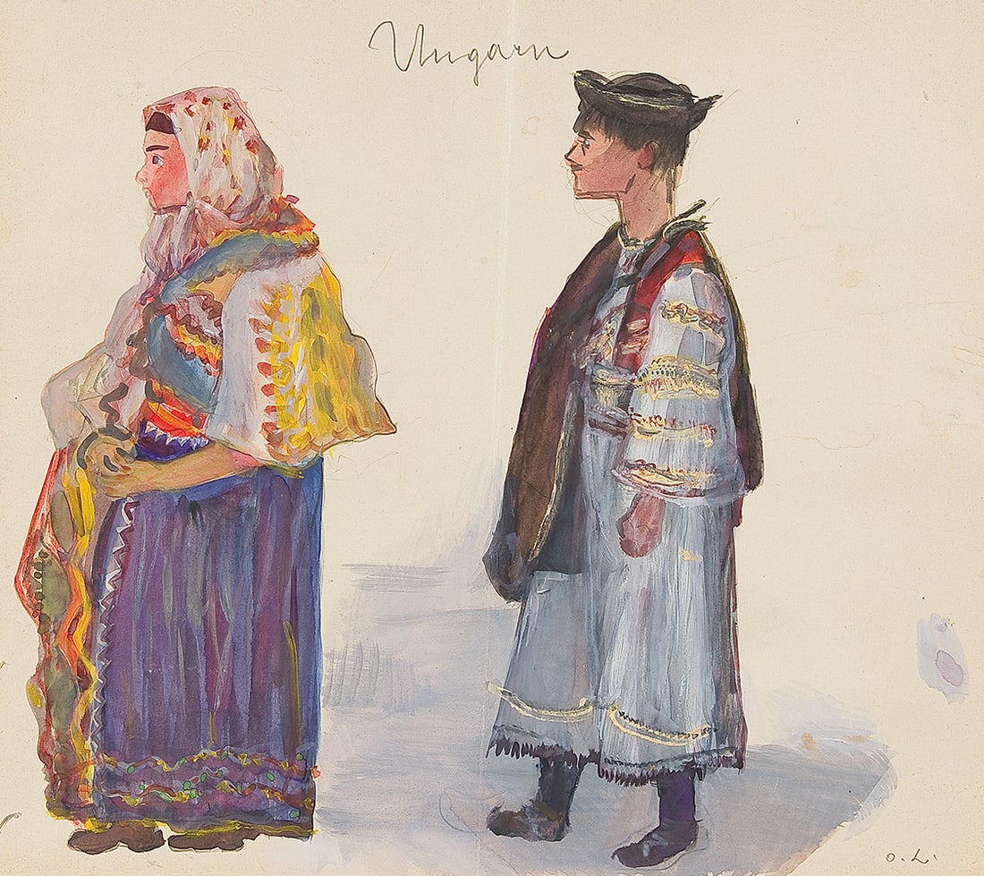 OSKAR LASKE ( Chernivtsi 1874 - 1951 Vienna ): OSKAR LASKE ( Chernivtsi 1874 - 1951 Vienna )Farmers in Hungarian costumegouache and pencil/paper 31 x 34,5 cmmonogrammed O. L.inscribed UngarnSCHÄTZPREIS / ESTIMA